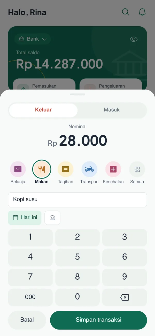 Lembar catat transaksi dengan keypad nominal dan pilihan kategori