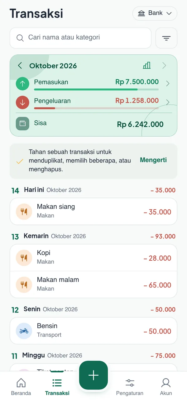 Daftar transaksi per hari dengan ringkasan bulan